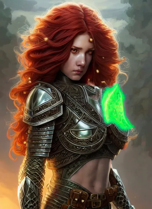 Image similar to ranger, light armor!!! long curly red hair!! covered chest!!! green eyes, fantasy, d & d, intricate ornate details, digital painting, pretty face!!, symmetry, concept art, sharp focus, illustration, art by artgerm! greg rutkowski magali villeneuve wlop! ilya kuvshinov!!, octane render