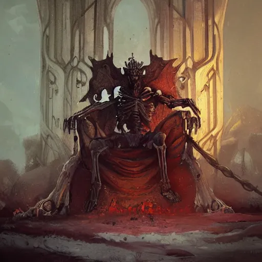 Prompt: Skeleton King, resting on his throne, oil painting, by Fernanda Suarez and Greg Rutkowski