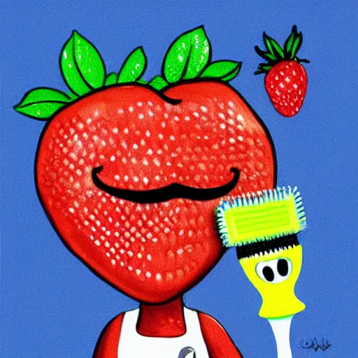 Image similar to a cute strawberry character with two front teeth, holding a yellow toothbrush, in the style of tara mcpherson