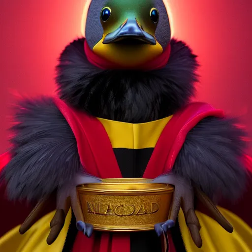 Image similar to photorealistic cute mallard duck, wearing cultist red robe, standing at an altar, black feathers, glowing arcane eyes, very detailed black feathers, ultra detailed, cgi, photorealistic, unreal engine 5, nft portrait, 3 d, digital art, 8 k, octane render, trending on art station