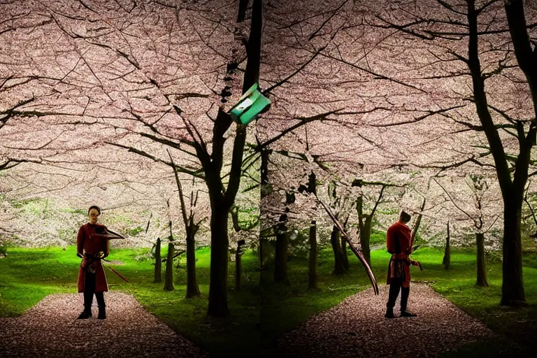 Image similar to vfx movie scene samurai couple stand off blades drawn in cherry blossom forest, natural lighting by emmanuel lubezki