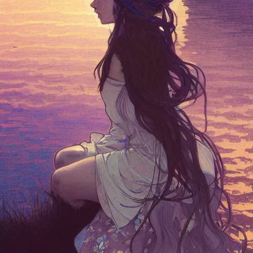 Image similar to A girl with long hair sitting by the river at night ,flowing hair by mucha and Krenz Cushart ,gloomy,geometric shapes, hard edges,blue theme ,-H768