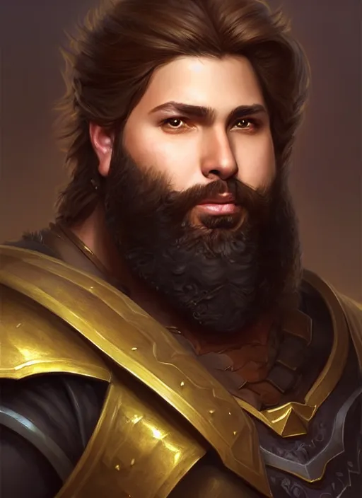 Prompt: a _ fantasy _ style _ portrait _ painting _ of light brown male paladin with long wavy brown hair chubby and beard, rpg dnd oil _ painting _ unreal _ 5 _ daz. _ rpg _ portrait _ extremely _ detailed _ artgerm _ greg _ rutkowski _ greg