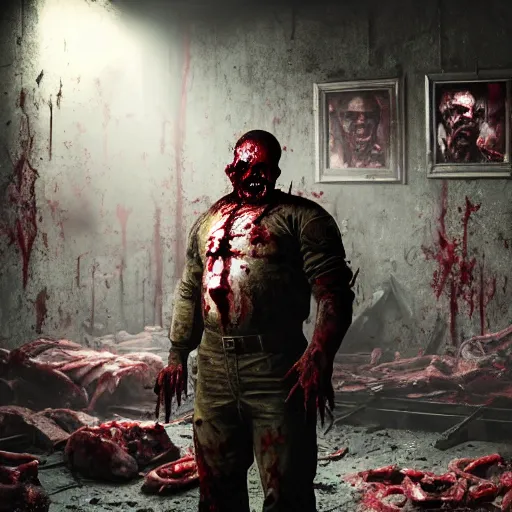 Image similar to fallout 5, butcher angry horror zombie, detailled portrait, indoors dilapidated butchery interior, atmospheric lighting, intricate, volumetric lighting, grimdark, daytime, sharp focus, deep colours, ultra intricate detailed, octane render, unreal engine, by leesha hannigan, ross tran, thierry doizon, kai carpenter, ignacio fernandez rios