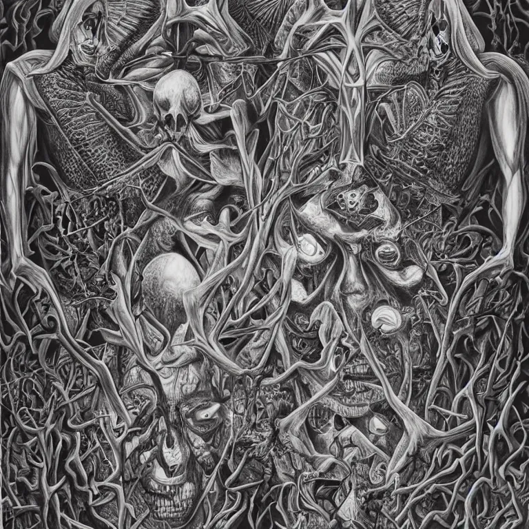 Image similar to transformation through death by Alex Grey and M. C. Escher collaboration