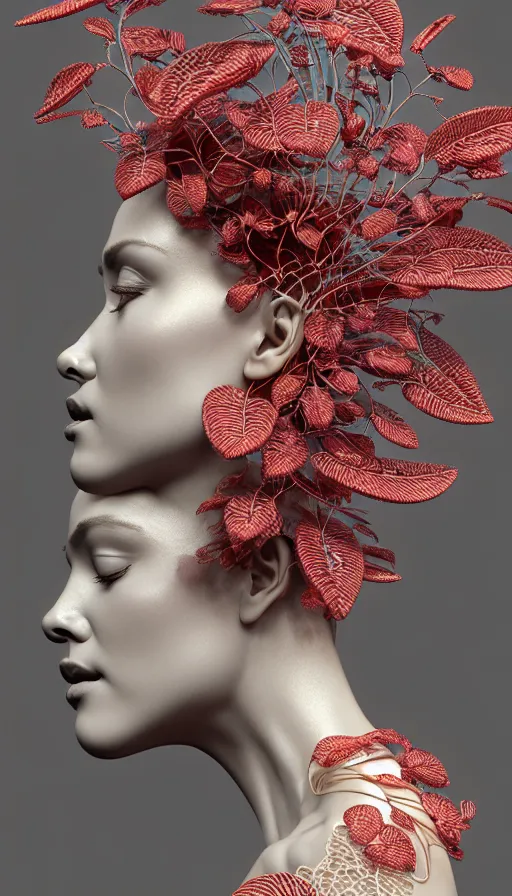 Image similar to complex 3d render ultra detailed of a beautiful porcelain profile woman face, mechanical vegetal cyborg, 150 mm, beautiful studio soft light, spot light, rim light, silver gold red details, luxurious, magnolia big filigran leaves and stems, roots, Alexander Mcqueen haute couture, fine foliage lace, mesh wire, filigran metallic intricate details, hyperrealistic, mandelbrot fractal, anatomical, silver metal armor, facial muscles, cable wires, microchip, elegant, white background, beautiful white teeth, octane render, H.R. Giger style, 8k