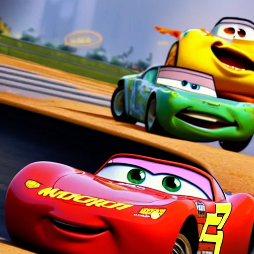 Image similar to a photo from the movie cars, where lightning mcqueen gets into a greusome car accident with tow mater. rendered in 4 k with presto animation software.