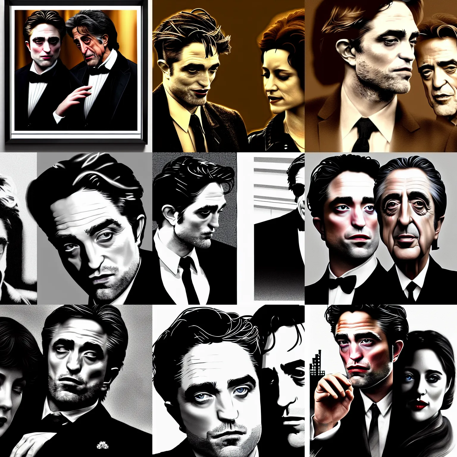 Prompt: robert pattinson as the godfather and al pacino as his wife, highly detailed, digital art, hyperrealism, 4 k