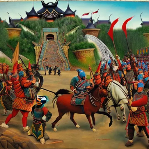Image similar to genghis khan and his mongol horde ransacking modern day efteling, oil on canvas