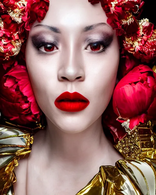 Prompt: Portrait of a robot, close-up, high sharpness, zeiss lens, fashion photo shoot, peony flowers, red hair, red lipstick, on the background of gold, on their face rhinestones, Edward Buba, Annie Leibovitz and Steve McCurry, David Lazar, Jimmy Nelsson, Eiko Hosoe, Zhong Lin, artistic, hyper-realistic, beautiful face, octane rendering