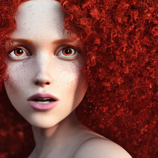 Image similar to 3d rendered gorgeous red haired woman with big curly hair and freckles, curvy figure wearing dress with flower print, Pixar CGI , octane render, sharp details, bloom, 8k resolution, OLED, trending on artstation
