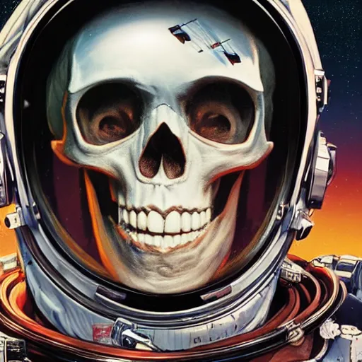 Image similar to a portrait of skull in an astronaut helmet by sandra chevrier, detailed render, epic composition, cybernetics, 4 k realistic, cryengine, realistic shaded lighting, sharp focus, masterpiece, by matteo scalera, gary montalbano, peter elson in the style of the tokyo ghost comic