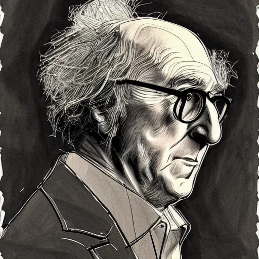 Prompt: a realistic yet scraggly portrait sketch of the side profile of a stern and sophisticated larry david, trending on artstation, intricate details, in the style of frank auerbach, in the style of sergio aragones, in the style of martin ansin, in the style of david aja, in the style of mattias adolfsson