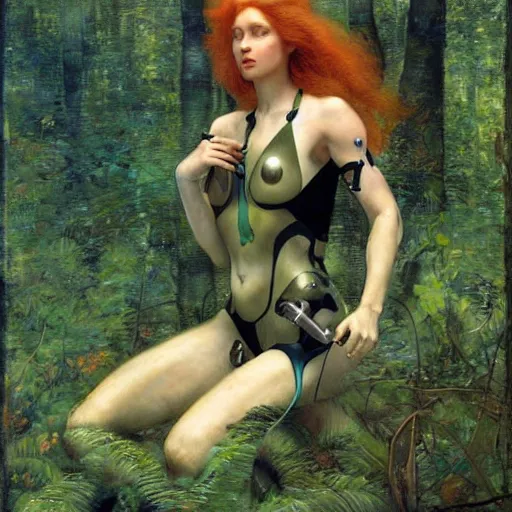 Image similar to beautiful female cyborg with auburn hair and a perfect body, lounging in the Marian forest at dusk, strange insects, by Edgar Maxence and Ross Tran and Michael Whelan and Gustav Klimpt