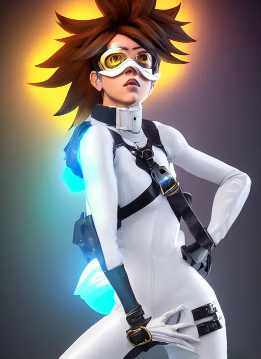 Image similar to portrait bust digital artwork of tracer overwatch, wearing white iridescent rainbow latex and leather straps catsuit outfit, 4 k, expressive happy smug expression, makeup, in style of mark arian, angel wings, wearing detailed black leather collar, chains, black leather harness, detailed face and eyes,