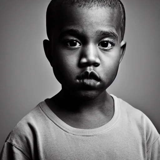 Image similar to the face of young kanye west wearing yeezy clothing at 3. 5 years old, black and white portrait by julia cameron, chiaroscuro lighting, shallow depth of field, 8 0 mm, f 1. 8