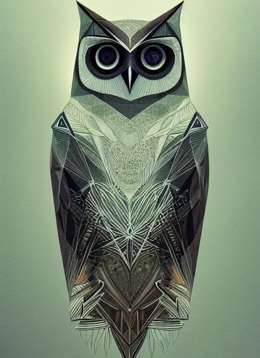 Image similar to portrait of a geometric owl, identical eyes, medium shot, illustration, full body made of white feathers, symmetrical, art stand, super detailed, cinematic lighting, and its detailed and intricate, gorgeous, by peter mohrbacher