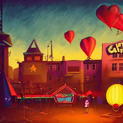 Prompt: a girl holding a balloon at a fairground. buildings with graffiti. dusk. illustration in the style of simon stalenhag artstation