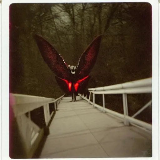 Image similar to Real Polaroid photo of Mothman perched on a bridge, red glowing eyes