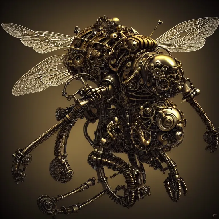 Image similar to steampunk cybernetic biomechanical bee with wings, 3 d model, unreal engine realistic render, 8 k, micro detail, intricate, elegant, highly detailed, centered, digital painting, artstation, smooth, sharp focus, illustration, artgerm, tomasz alen kopera, wlop