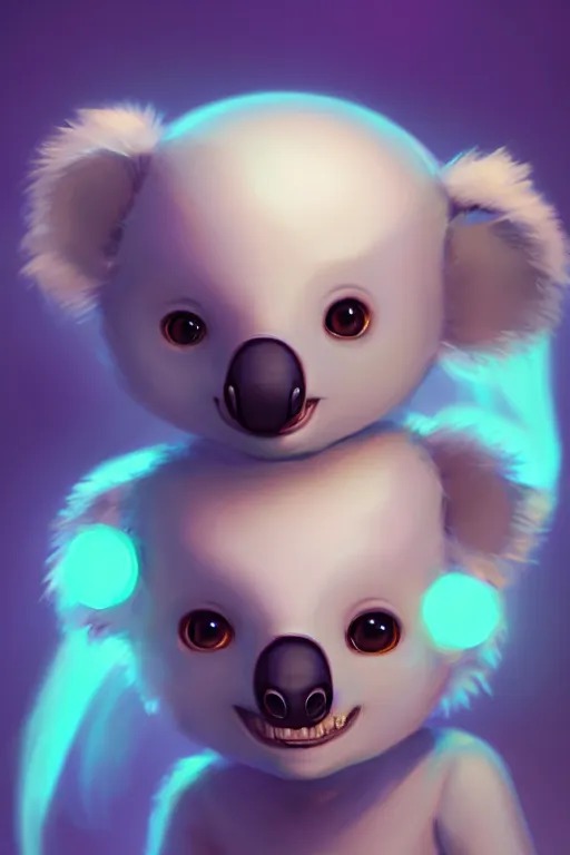 Prompt: super cute Bioluminescent humanoid koala character concept, soft light, soft mood, realistic body features and face, illustration, painting oil on canvas by Elena Zhurikhina and Goro Fujita and Charlie Bowater, octane render trending on artstation, 4k, 8k, HD