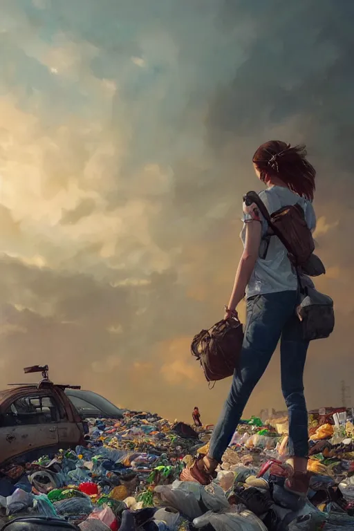 Image similar to poor detailed girl with backpack standing at cars looking for food at garbage dump, destroyed cars, city is pure wasteland, moody sunset in background, high details, sharp, photorealism, cinematic, greg rutkowski, alphonse mucha, trending on artstation, artgerm, unreal engine, breathtaking, award winning, highly detailed