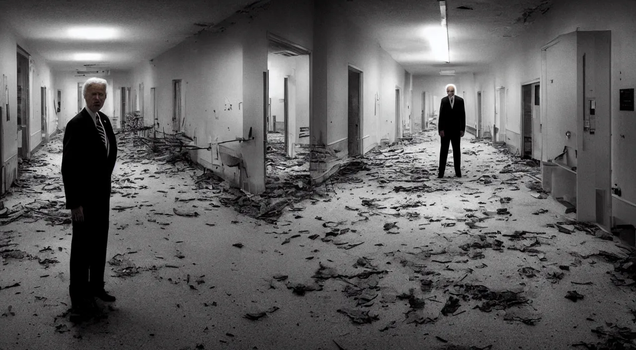 Image similar to unnerving dark 4 k photograph of joe biden standing alone in a long creepy hallway of an abandoned insane asylum, hospital, checkered floor, crime scene, horror