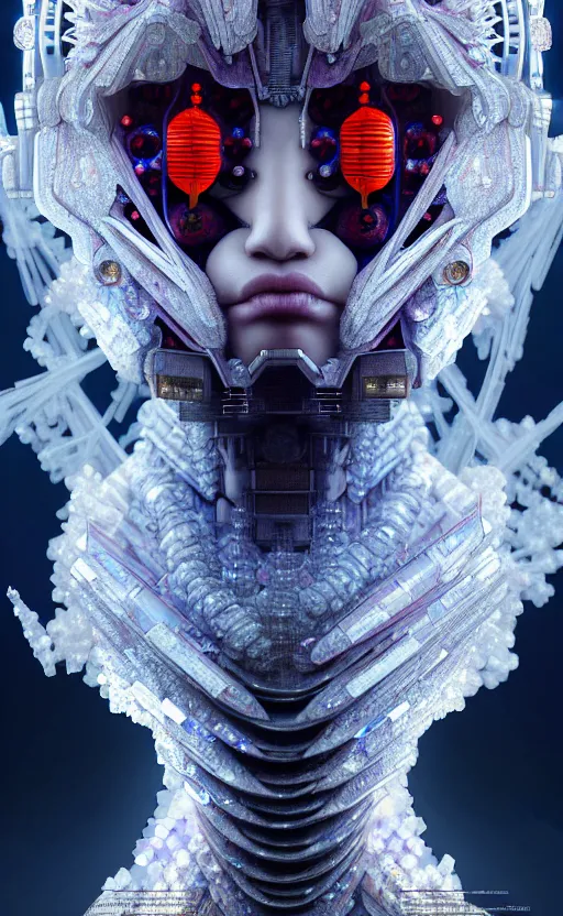 Image similar to asura from chinese myth, ghost, gorgeous and huge head ornaments, dystopian, cyberpunk, organic fractal mycelum and fungi, mecha, halfturn portrait of a big crystal face made of crystals half - turn, ominous, intricate, studio, art by anthony macbain + greg rutkowski + alphonse mucha, concept art, 4 k, sharp focus