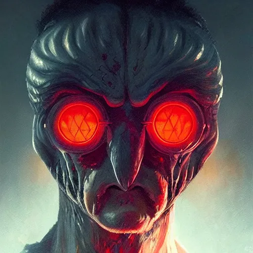 Image similar to a hyper realistic portrait painting of the mothman, glowing eyes, creepy, backlight, horror vibe, real, realistic lighting in the style of greg rutkowski, trending on artstation, retro fantasy