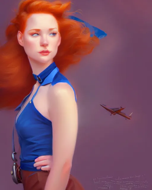 Prompt: cute female flight attendant, perfect face, blue halter top uniform, ginger hair, bombshell, cinematic, stunning, agile, highly detailed, digital painting, artstation, smooth, hard focus, illustration, art by jessica rossier and and brian froud