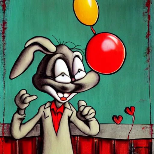 Prompt: grunge painting of bugs bunny with a wide smile and a red balloon by tim burton, detailed, elegant, intricate, conceptual