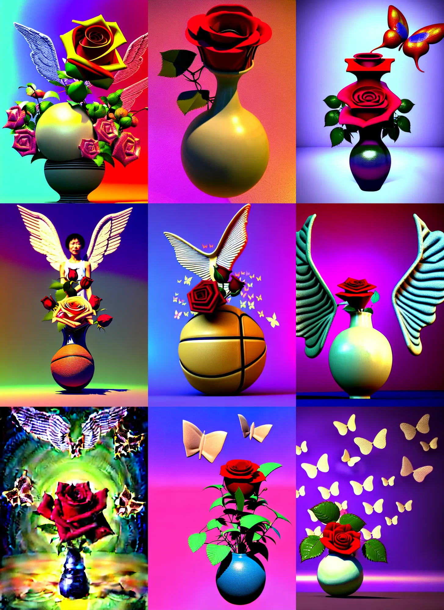 Prompt: vintage cgi 3 d render in the style of micha klein and ichiro tanida of a single rose in a vase next to a small basketball wearing angel wings against a psychedelic swirly background with a castyle 3 d butterflies and 3 d flowers n the style of 1 9 9 0's cg graphics 3 d rendered y 2 k aesthetic by ichiro tanida, 3 do magazine