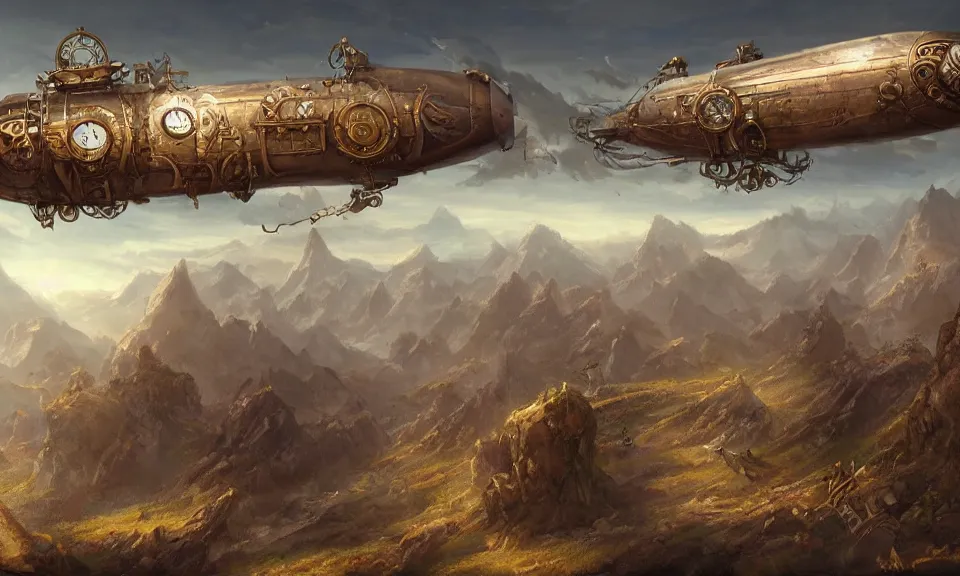 Image similar to steampunk airship over mountains, digital art, concept art, fantasy art, highly detailed, hd wallpaper, artstation, deviantart, behance