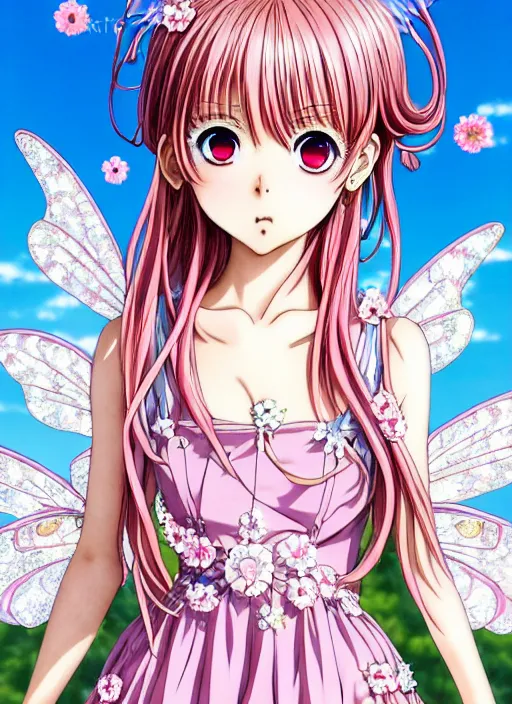 Image similar to japanese anime of a beautiful girl stand in the sunshine, pink hair, rococo dress, royally decorated crystal gemstones, symmetrical face, portrait, cute, fairy, by artgerm, takeshi obata, katsuhiro otomo, mai yoneyama, pixiv, detailed background, artstation, intricate, elegant, highly detailed, colorful, maximalist