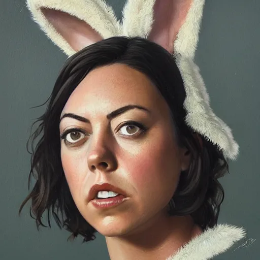 Image similar to detailed painting of aubrey plaza wearing a playboy bunny outfit, really large bust, intricate features, 8 k, by greg rutkowski, artgerm, derelict schoolyard.