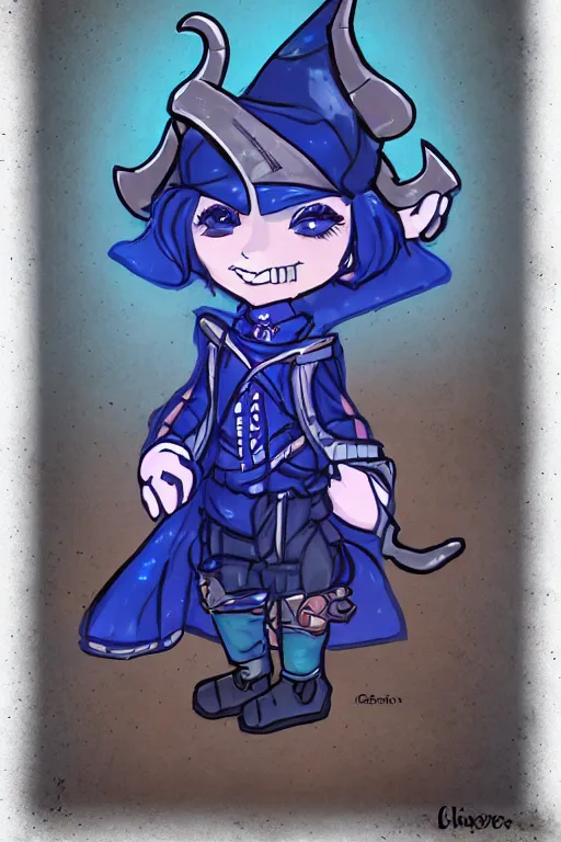 Image similar to Jester Lavorre blue chibi tiefling from Critical Role in a steampunk process outfit in a starry space sky 🌈