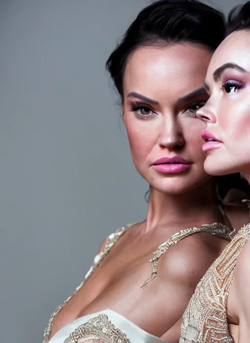 Image similar to portrait of lindsey pelas and daisy ridley wearing kebaya, by charlotte grimm, natural light, detailed face, beautiful features, symmetrical, canon eos c 3 0 0, ƒ 1. 8, 3 5 mm, 8 k, medium - format print,