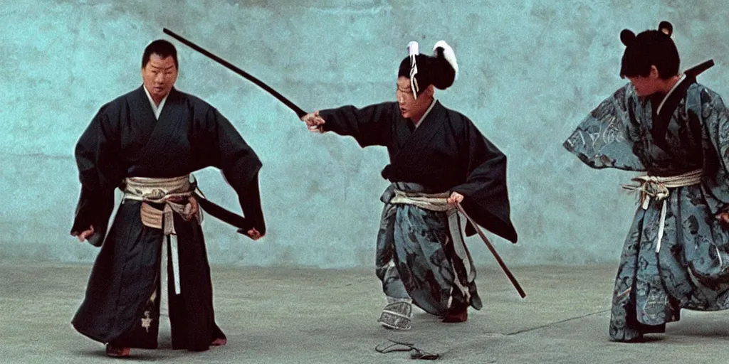 Image similar to scene from Shogun’s Shadow, 1989, movie still, cinematic, anthropomorphic half man half bear, epic, samurai