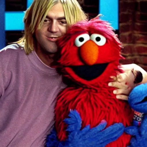 Prompt: Elmo hugging Kurt Cobain, Sesame Street
