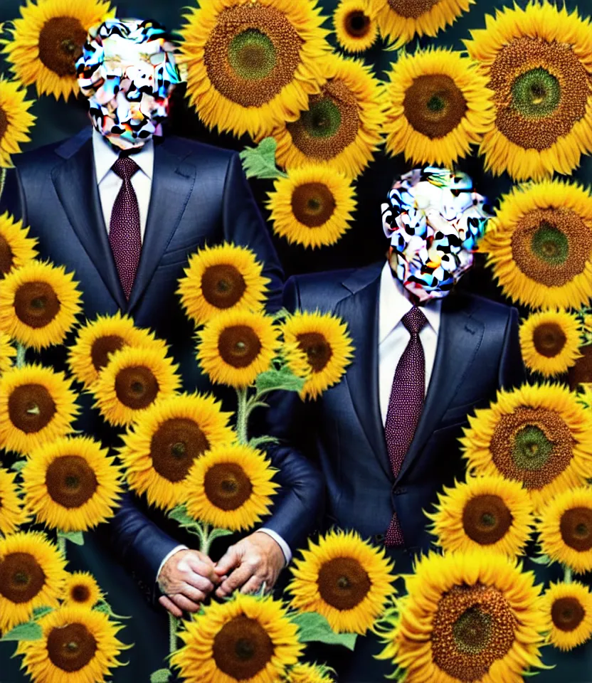 Image similar to photo portrait of Vladimir Putin - sunflowers - dressed in leisure suit with sunflower pattern and tombstone for a tie, natural skin tone, highly detailed realistic flowers ornament on suit, facial wrinkles and brows are intricate with highly detailed realistic flowers, elegant, Realistic, Refined, Highly Detailed, natural soft pastel lighting colors scheme, fine art photography by Cecil Beaton, volumetric lighting, hyper realistic photography