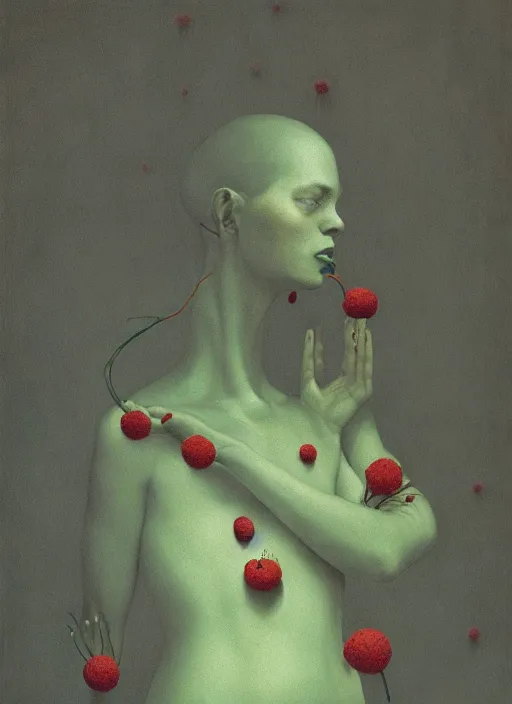 Image similar to She Eats of the Strangling Fruit and Her polyp blossoms bring iridescent fungal flowers whose spores black the foolish stars Edward Hopper and James Gilleard, Zdzislaw Beksinski, Mark Ryden, Wolfgang Lettl highly detailed