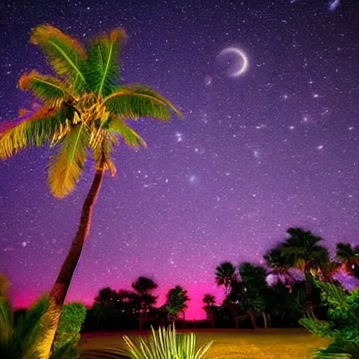 Prompt: dreamy wistful oasis whimsical purple pink blue calm nighttime stars palm tree lush