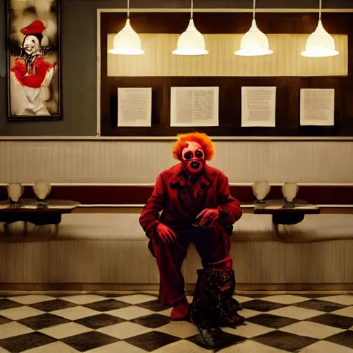 Image similar to Clown sitting in an empty diner at night, Gothic Art, color, award-winning art, horror, scary, eerie, ominous, unnerving, 8k