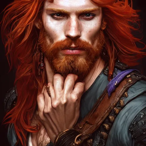 Image similar to portrait of a young ruggedly handsome but charming pirate, male, freckles, masculine, upper body, red hair, long hair, d & d, fantasy, intricate, elegant, highly detailed, digital painting, artstation, concept art, matte, sharp focus, illustration, art by artgerm and greg rutkowski and alphonse mucha