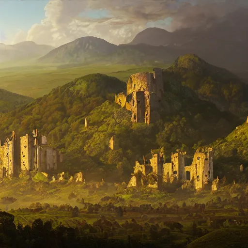 Image similar to Vast verdant empty flat valley surrounded by Transylvanian mountains with a huge zeppelin hovering above it, and a ruined medieval castle on the hillside in the background. No villages. Late evening light in the summer, gloomy weather. Hyperrealistic, high quality, sharp, highly detailed, peter mohrbacher, ansel adams.