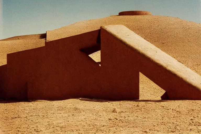 Prompt: film still of esoteric gigantic prehuman building in the desert, by Étienne-Louis Boullée, ektachrome full-HD