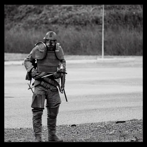 Image similar to Dying British mercenary wearing grey body armor smoking a cigarette in the aftermath of a bloody battle, photo by Adam Ferguson, Pulitzer Winning, cinematic composition, breathtaking, modern, 2022