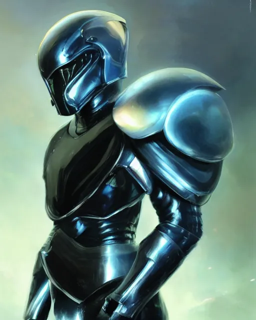 Image similar to iridescent sinewy smooth muscular male sleek glossy black pearlescent scifi armor with smooth black featureless helmet, by greg rutkowski, mark brookes, jim burns, magali villeneuve, trending on artstation