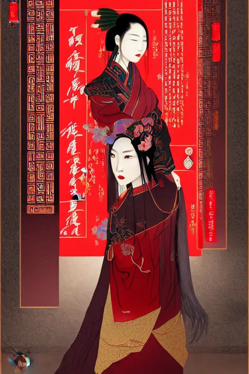 Image similar to poster style, ancient chinese beautiful woman, weak, cyberpunk, by dream of the red chamber