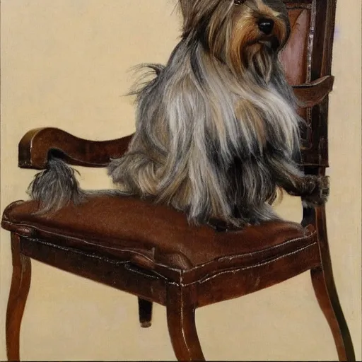 Prompt: an old happy brown and gray Yorkshire terrier dog lounging in a leather chair, long hair, extremely detailed masterpiece, oil on canvas, by Norman Rockwell,